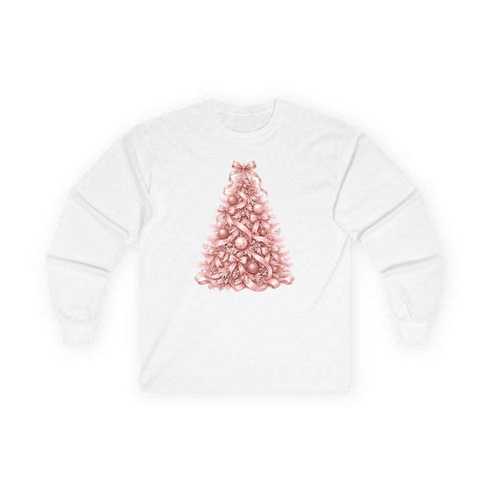 Pink Ribbon Christmas Tree personalised long sleeve Christmas T-shirt in white