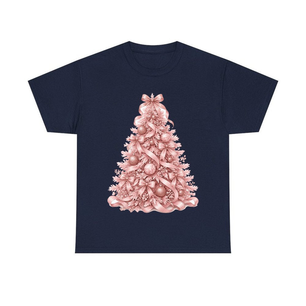 Pink Ribbon Christmas Tree personalised Christmas T-shirt in navy