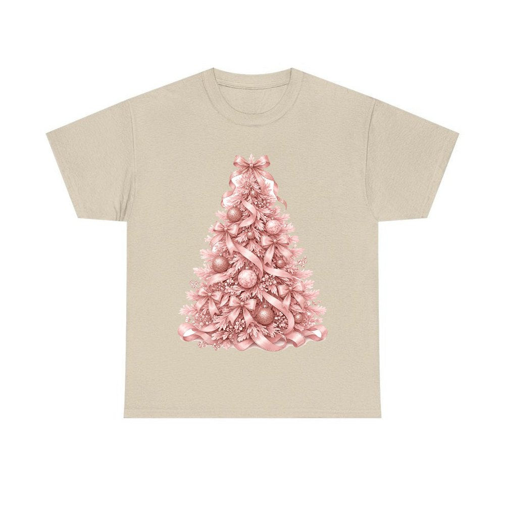 Pink Ribbon Christmas Tree personalised Christmas T-shirt in sand
