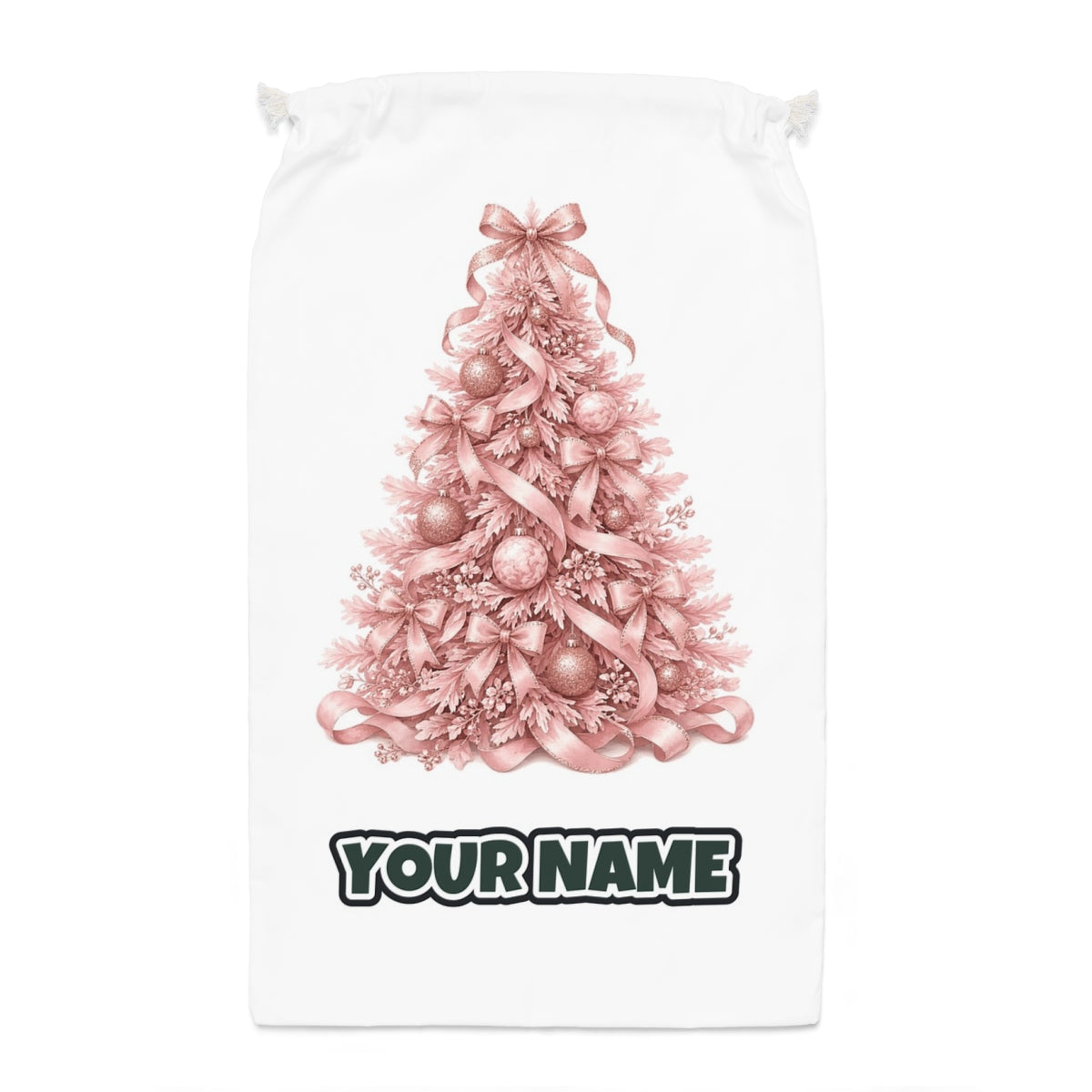 Pink Ribbon Christmas Tree Santa sack laid flat, showing the full print