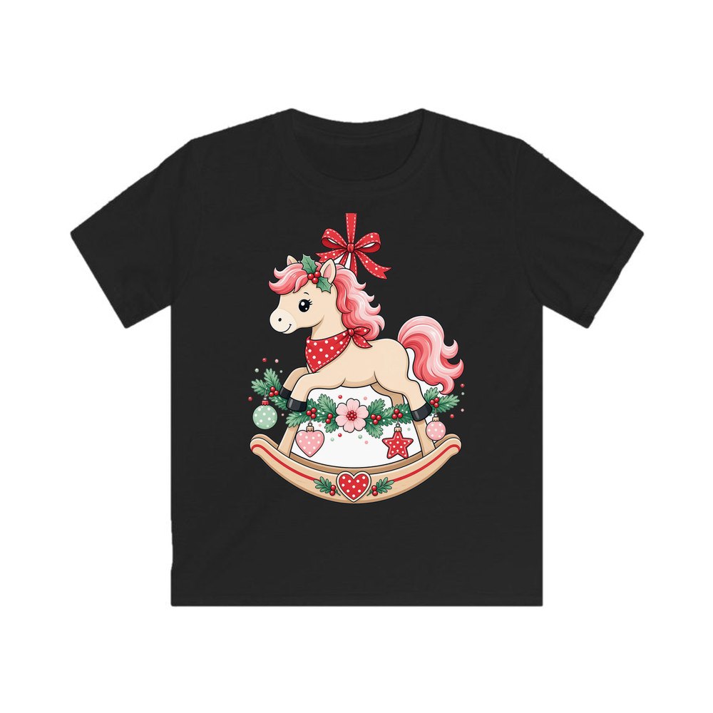 Pink Rocking Horse Ornament personalised kids Christmas tee in black