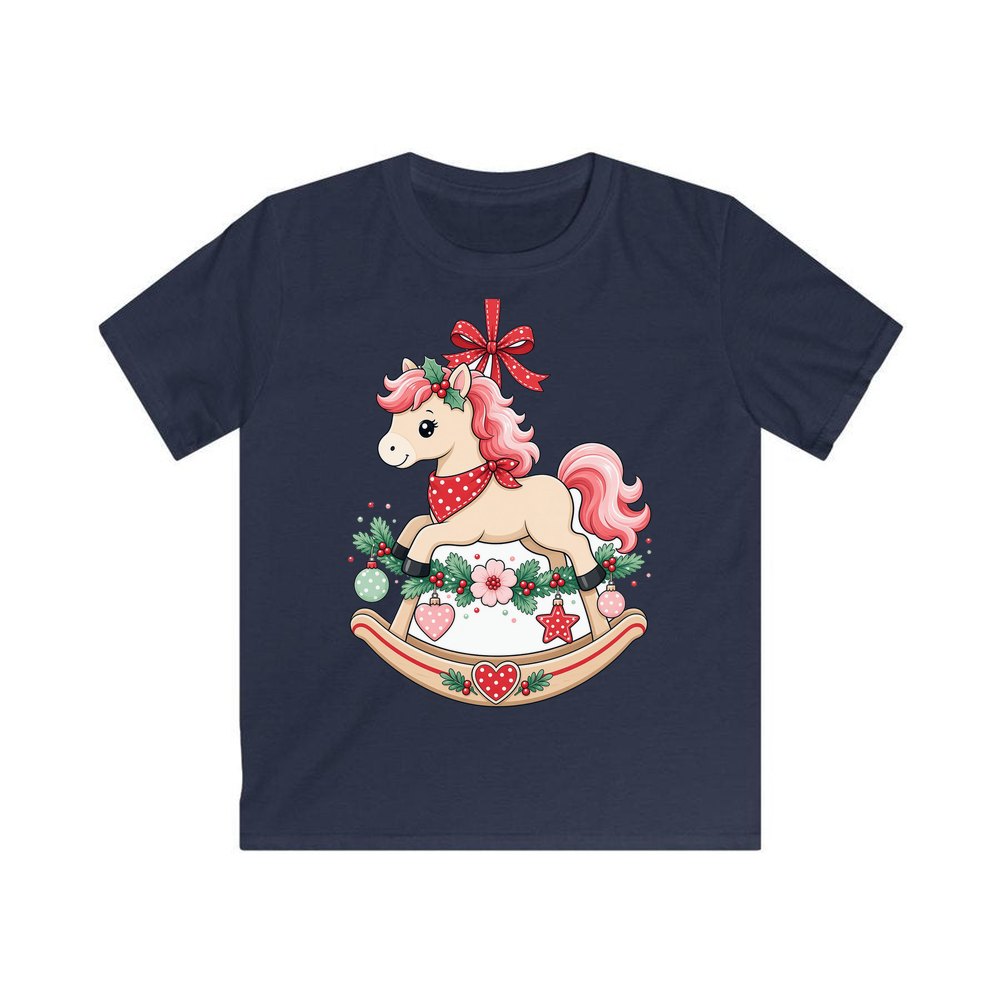 Pink Rocking Horse Ornament personalised kids Christmas tee in navy