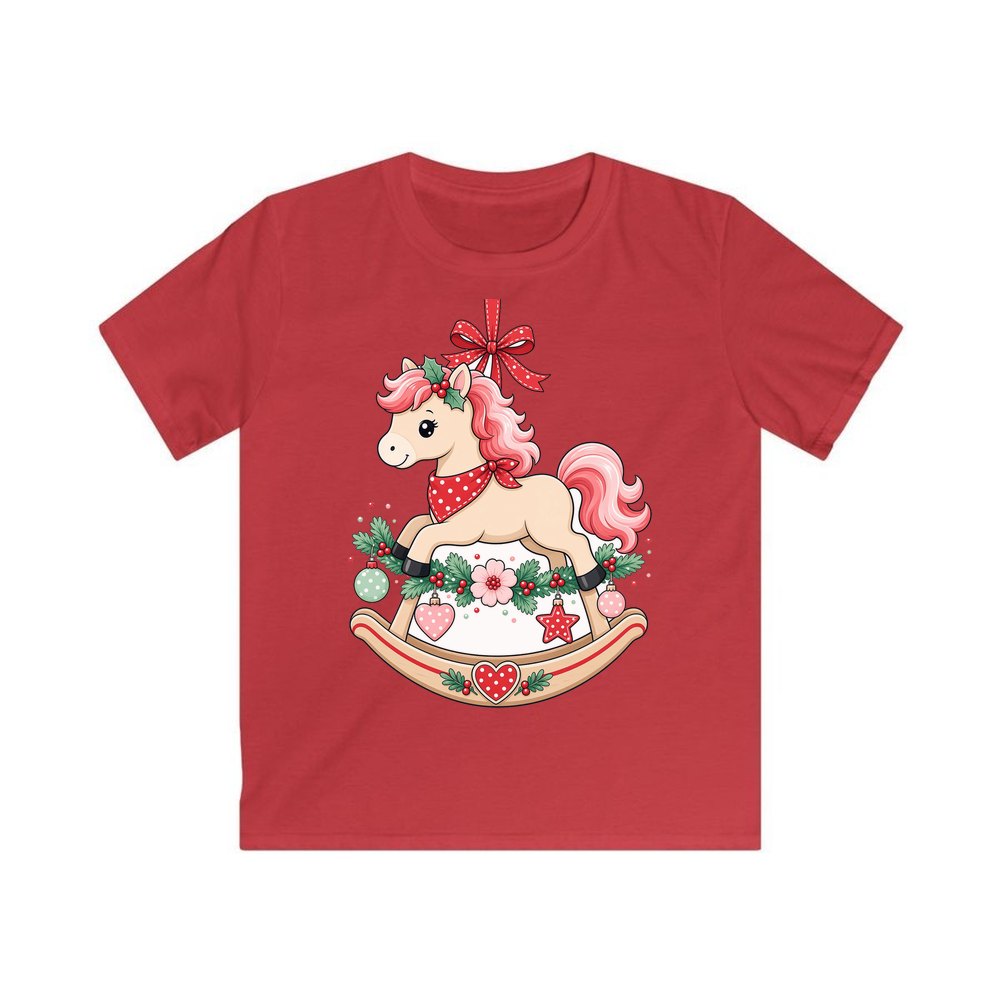 Pink Rocking Horse Ornament personalised kids Christmas tee in red