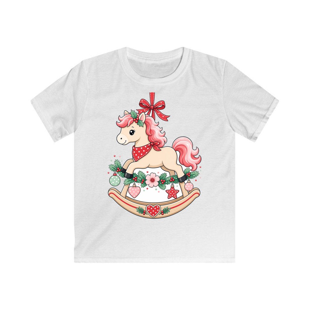 Pink Rocking Horse Ornament personalised kids Christmas tee in white