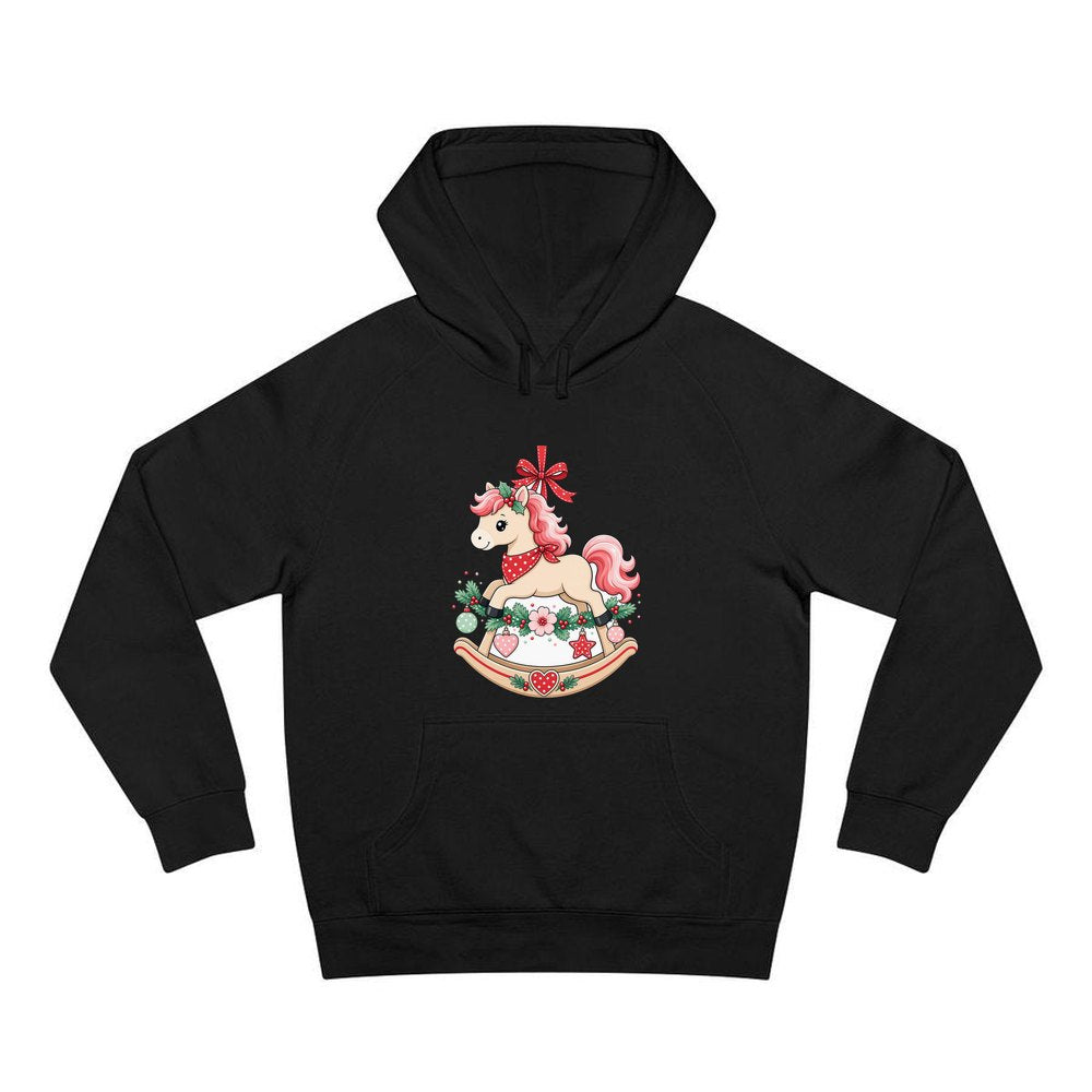 Pink Rocking Horse Ornament personalised Christmas hoodie in black