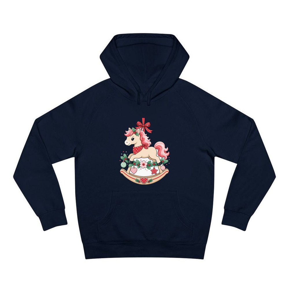 Pink Rocking Horse Ornament personalised Christmas hoodie in navy