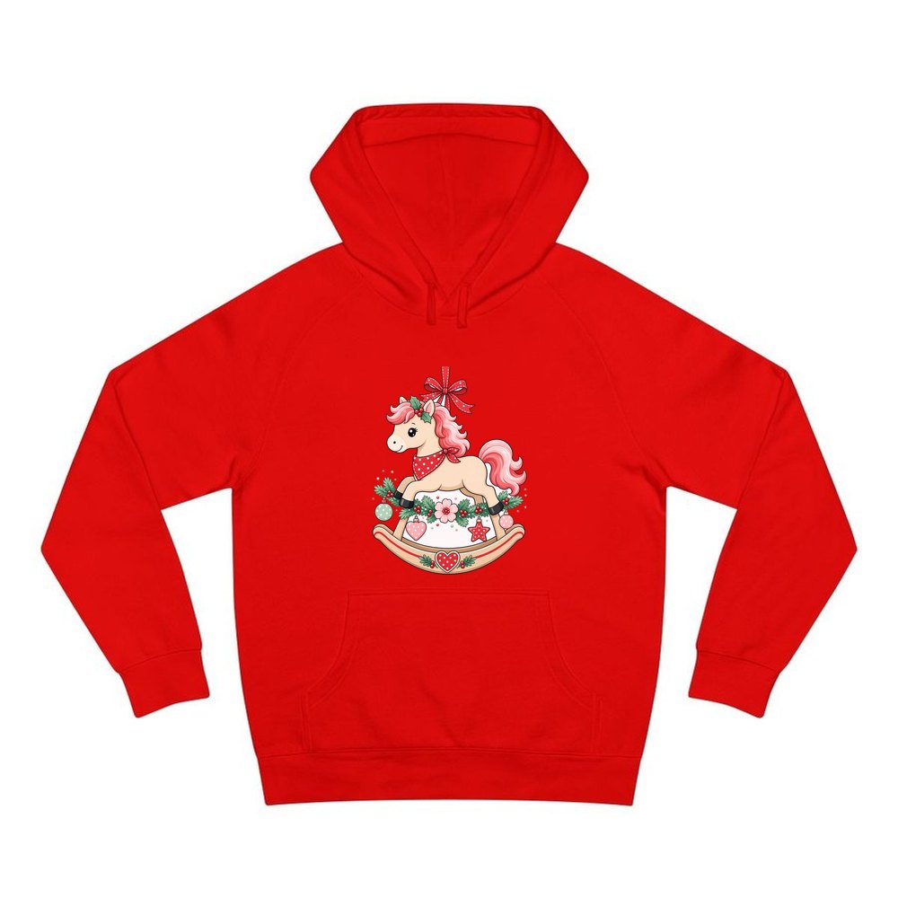 Pink Rocking Horse Ornament personalised Christmas hoodie in red