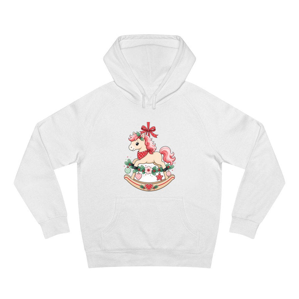 Pink Rocking Horse Ornament personalised Christmas hoodie in white