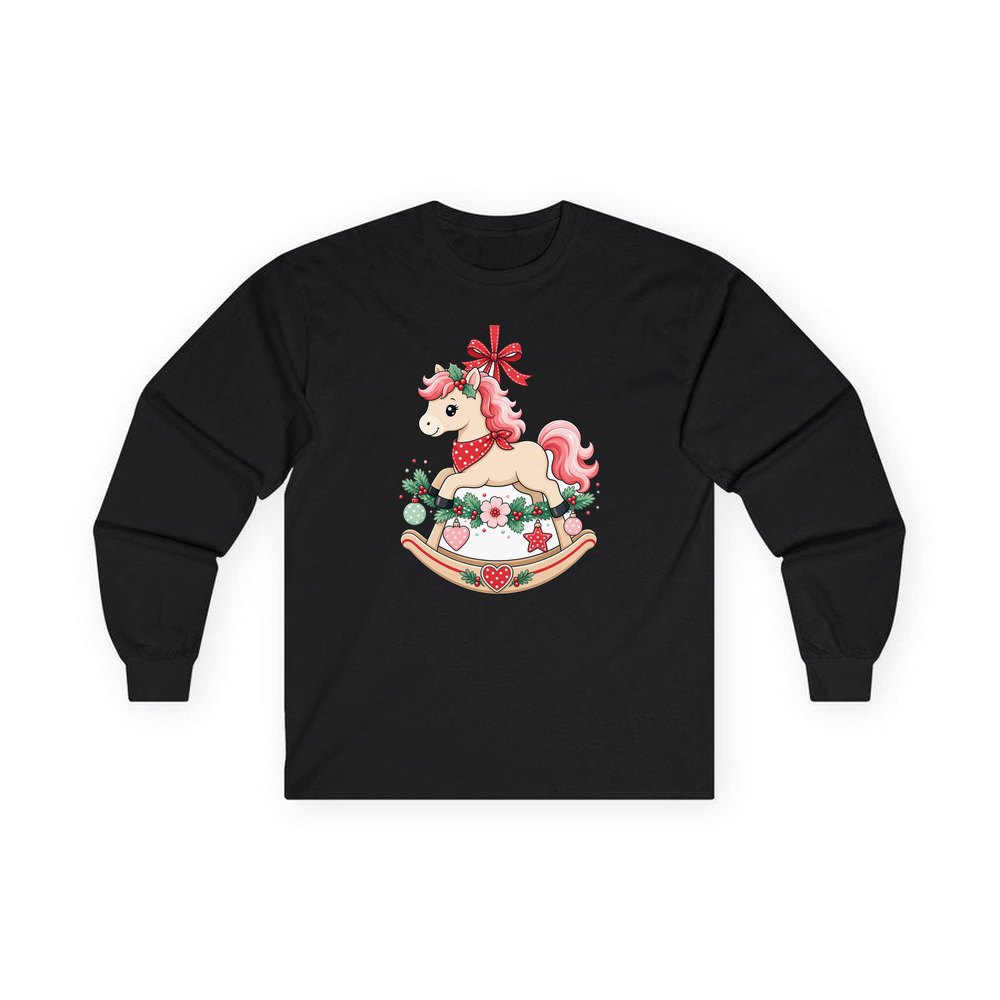 Pink Rocking Horse Ornament personalised long sleeve Christmas T-shirt in black