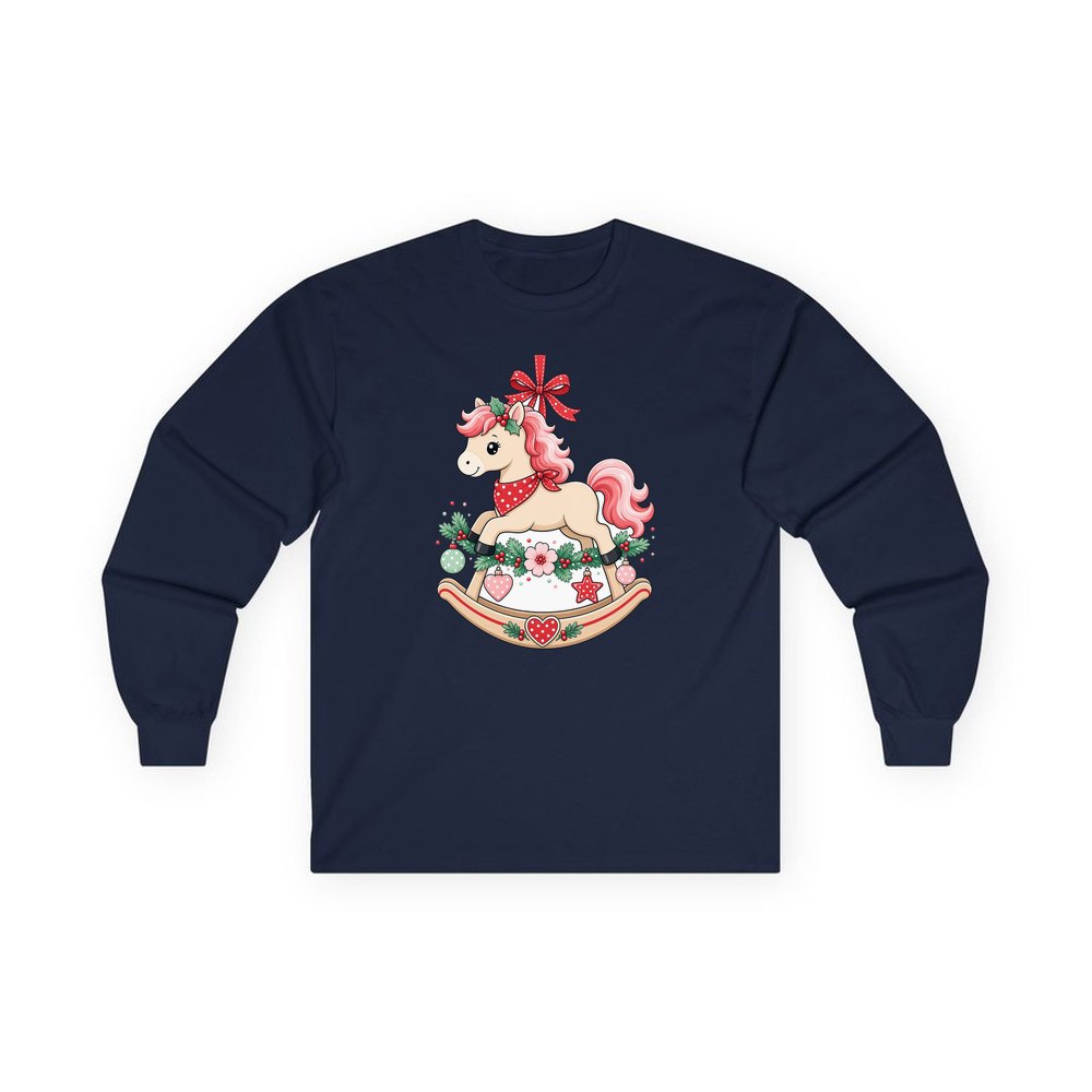 Pink Rocking Horse Ornament personalised long sleeve Christmas T-shirt in navy