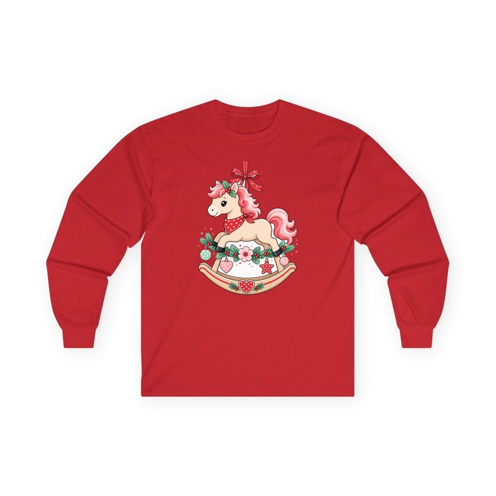 Pink Rocking Horse Ornament personalised long sleeve Christmas T-shirt in red