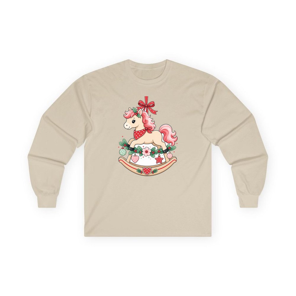 Pink Rocking Horse Ornament personalised long sleeve Christmas T-shirt in sand