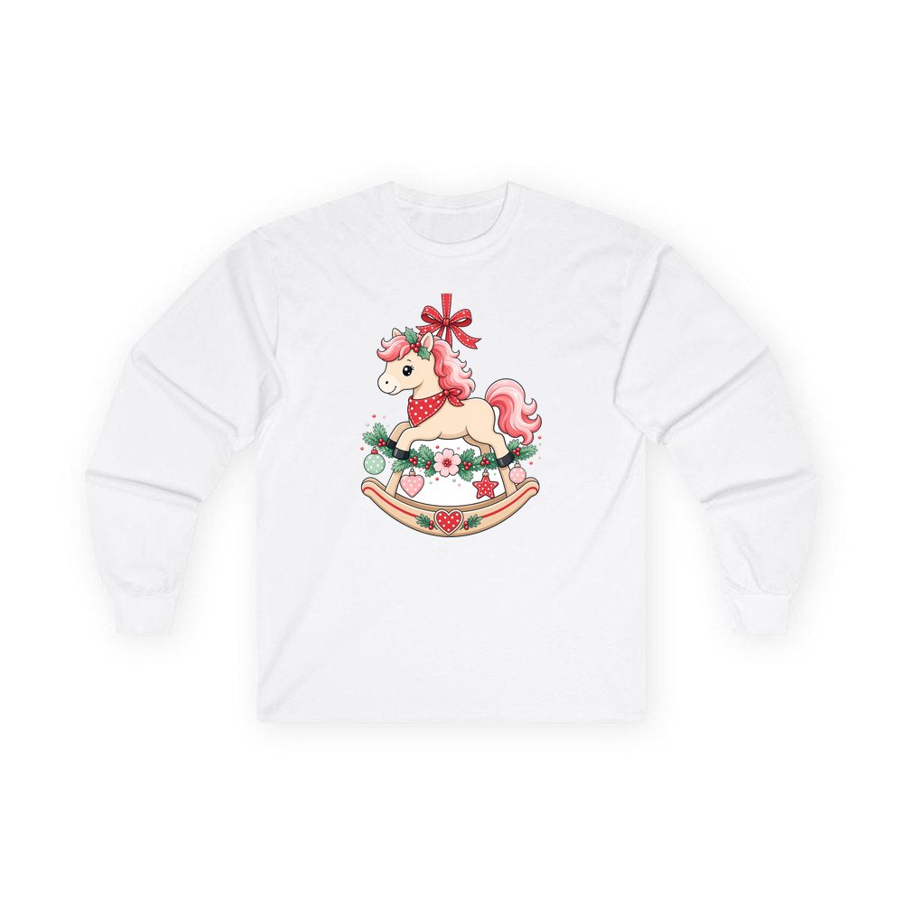 Pink Rocking Horse Ornament personalised long sleeve Christmas T-shirt in white