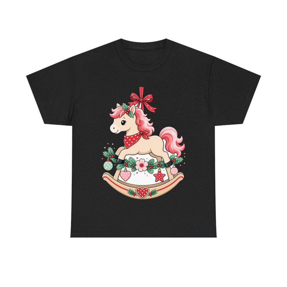 Pink Rocking Horse Ornament personalised Christmas T-shirt in black