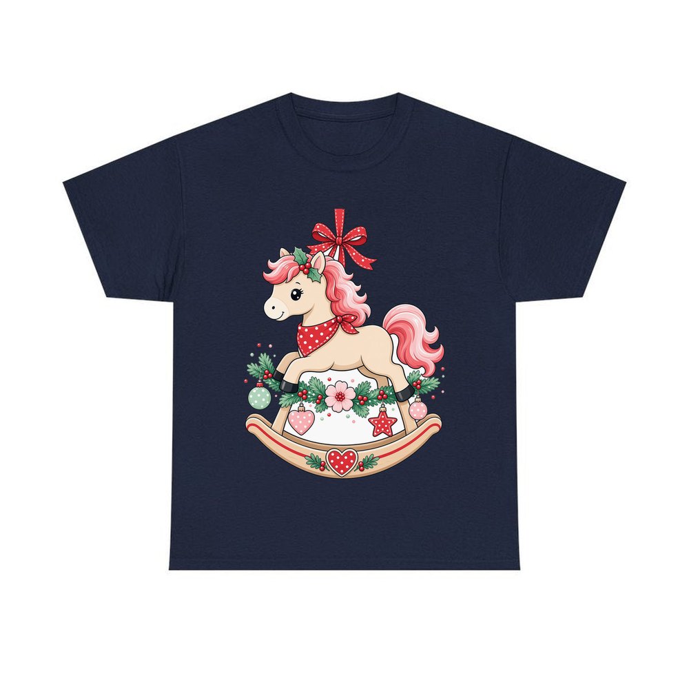 Pink Rocking Horse Ornament personalised Christmas T-shirt in navy