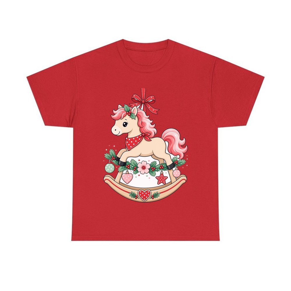 Pink Rocking Horse Ornament personalised Christmas T-shirt in red