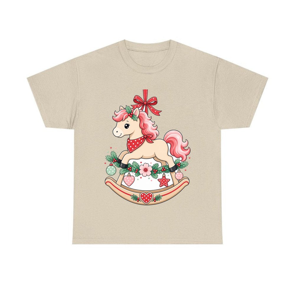 Pink Rocking Horse Ornament personalised Christmas T-shirt in sand