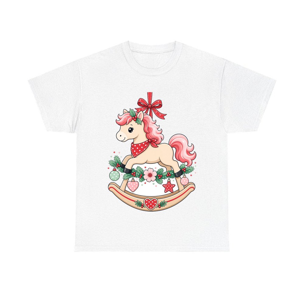 Pink Rocking Horse Ornament personalised Christmas T-shirt in white