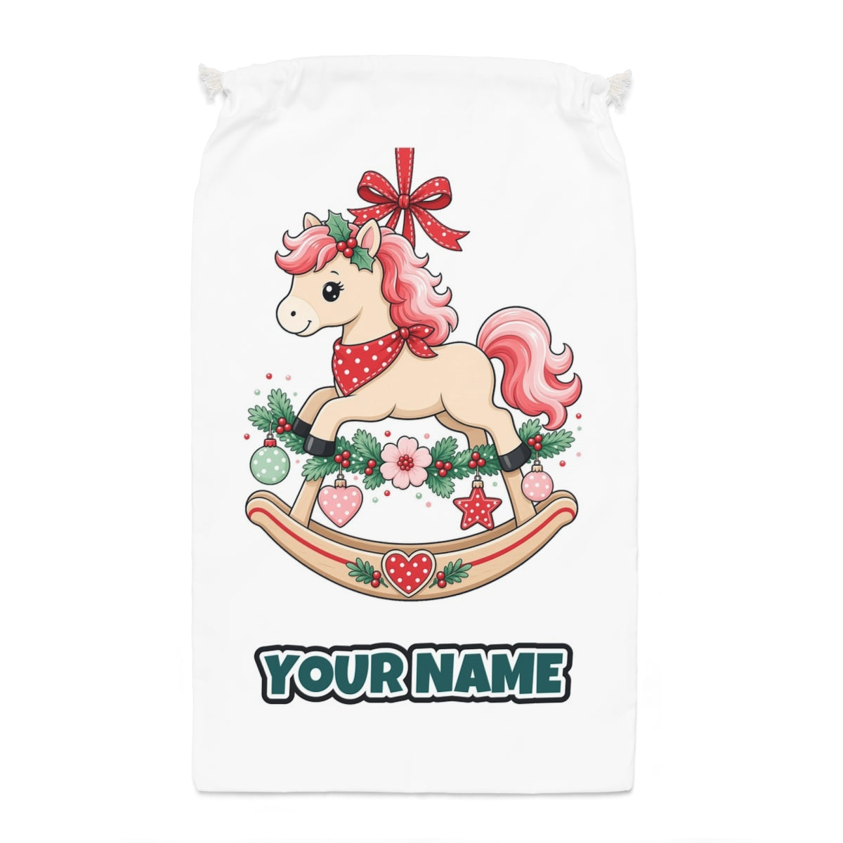 Pink Rocking Horse Ornament Santa sack laid flat, showing the full print