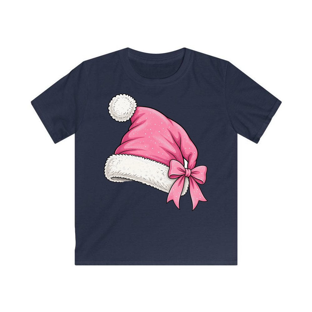 Pink Santa Hat personalised kids Christmas tee in navy