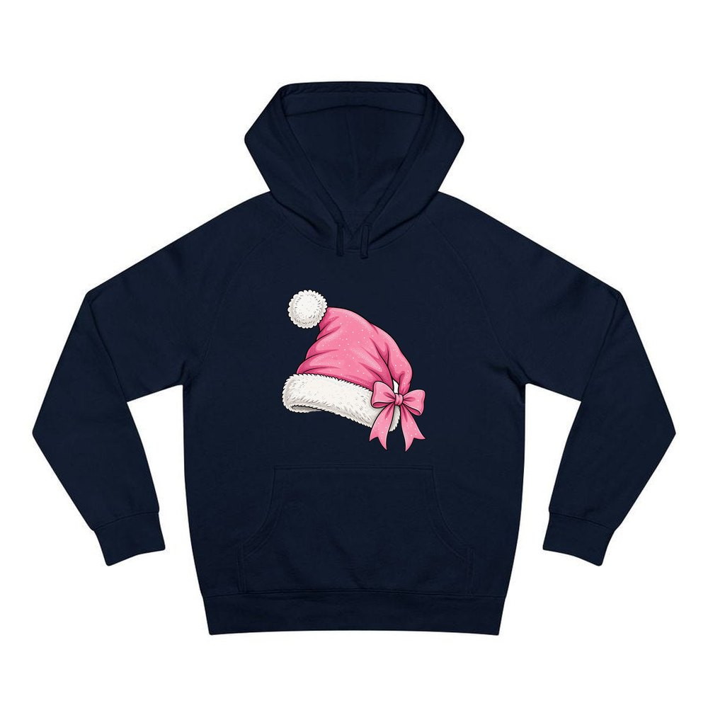 Pink Santa Hat personalised Christmas hoodie in navy