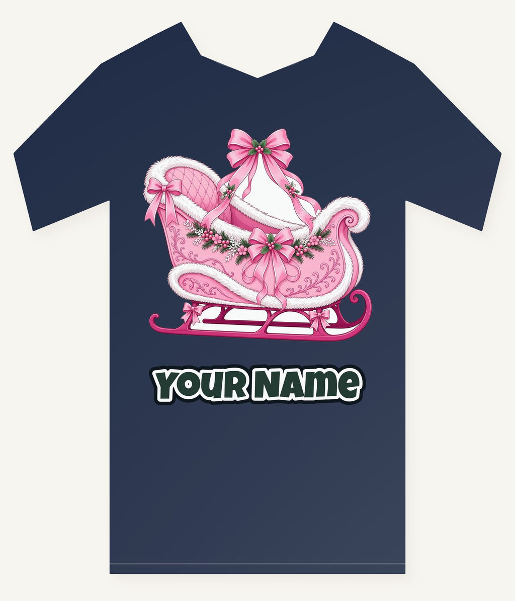 Pink Sleigh With White Fur Personalised Kids Tee and Baby Bodysuit