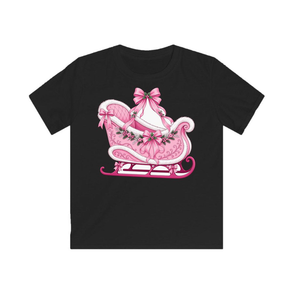 Pink Sleigh With White Fur personalised kids Christmas tee in black
