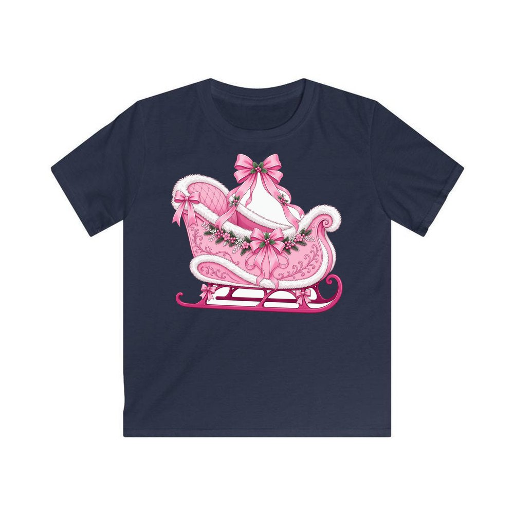 Pink Sleigh With White Fur personalised kids Christmas tee in navy