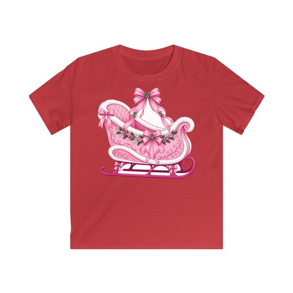 Pink Sleigh With White Fur personalised kids Christmas tee in red
