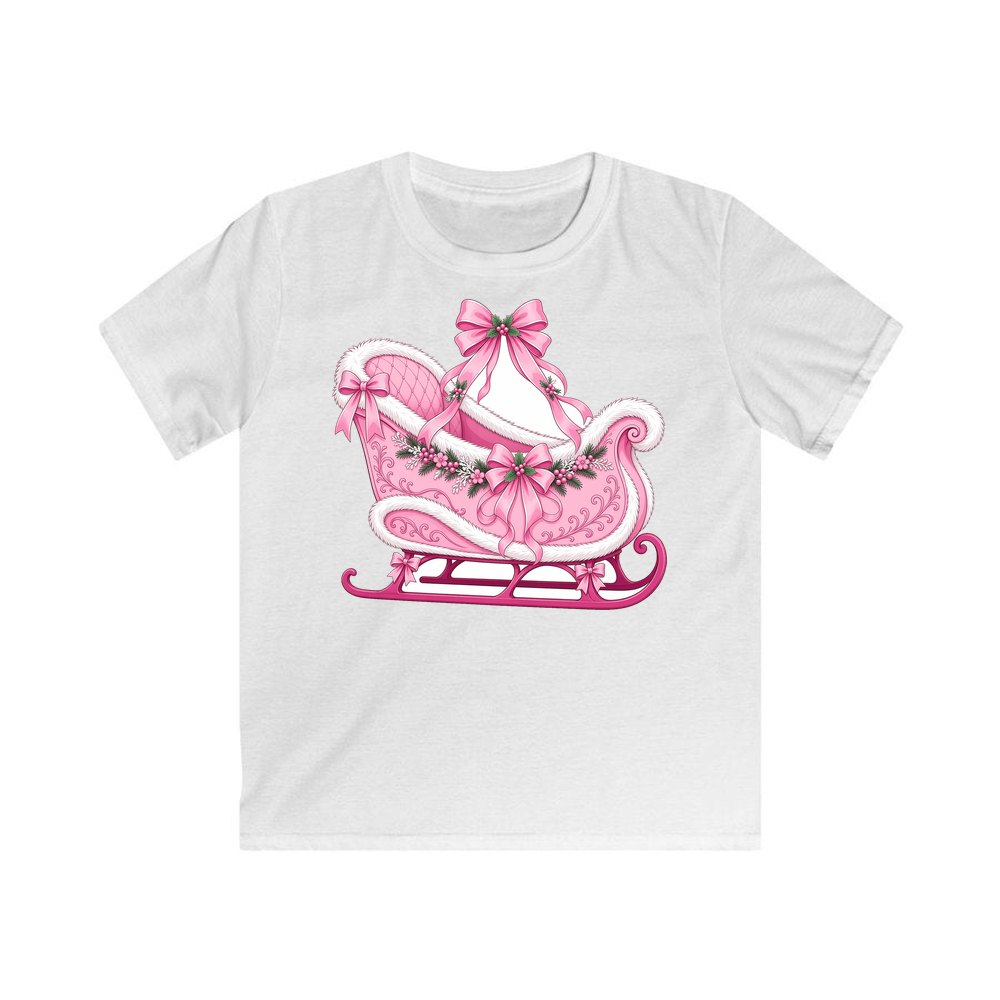Pink Sleigh With White Fur personalised kids Christmas tee in white
