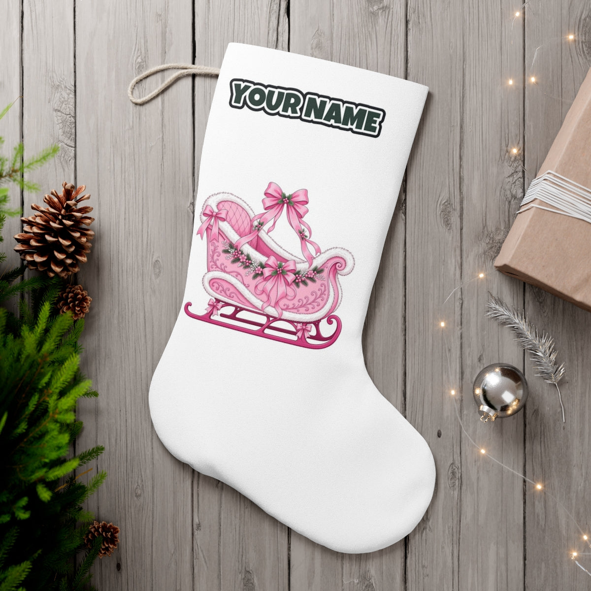 Pink Sleigh With White Fur personalised Christmas stocking, white, with the name across the top
