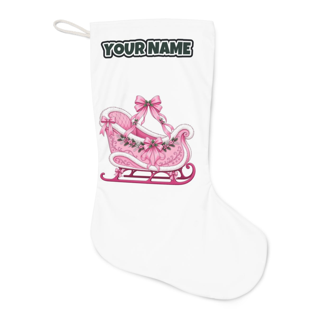 Pink Sleigh With White Fur Christmas stocking laid flat, showing the full print