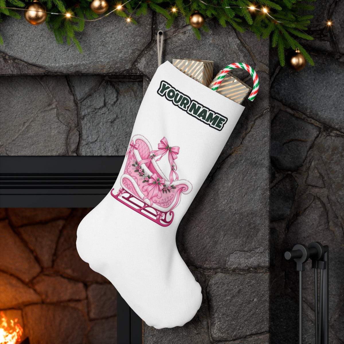Pink Sleigh With White Fur personalised Christmas stocking hanging on a mantel