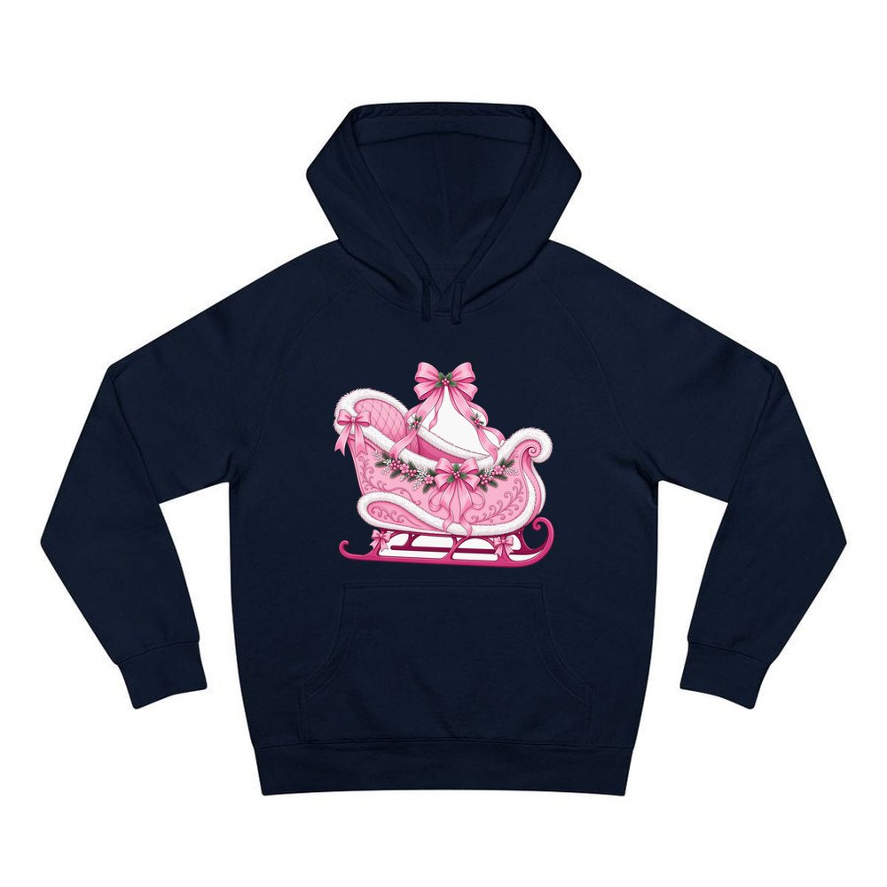 Pink Sleigh With White Fur personalised Christmas hoodie in navy