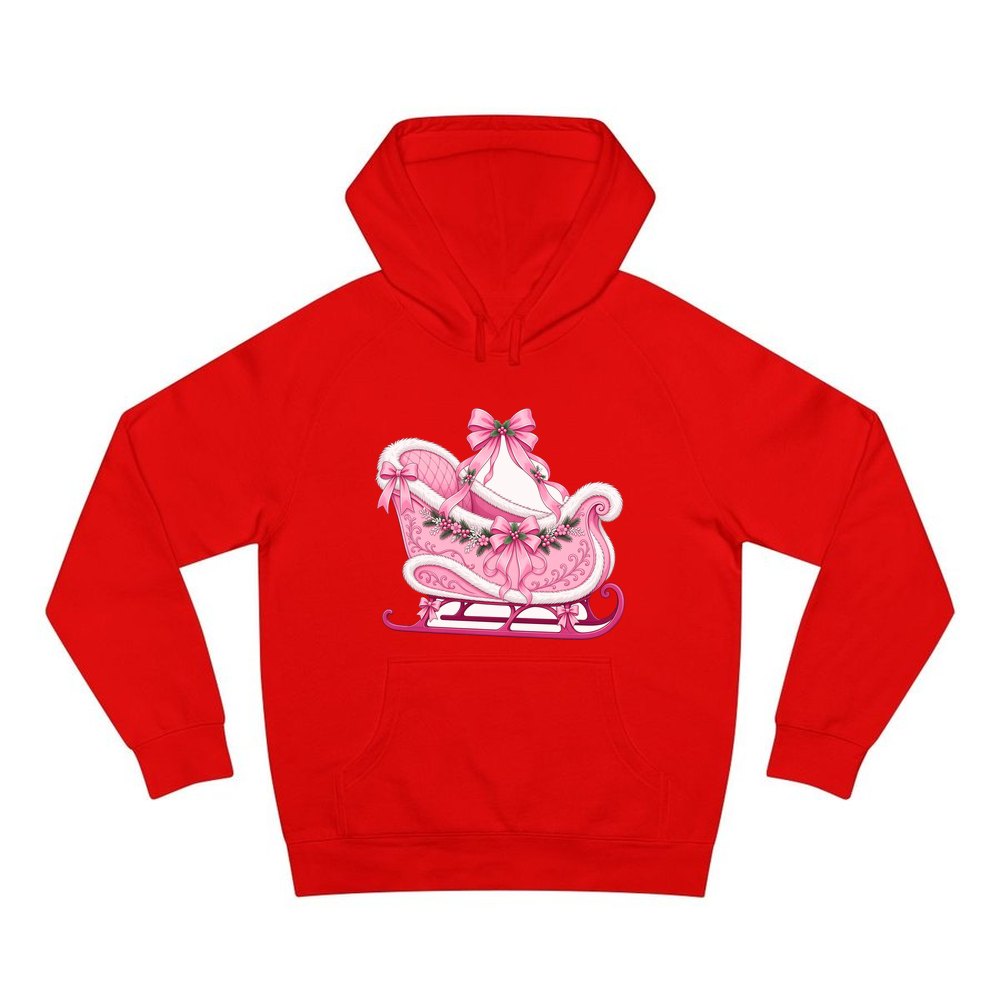 Pink Sleigh With White Fur personalised Christmas hoodie in red
