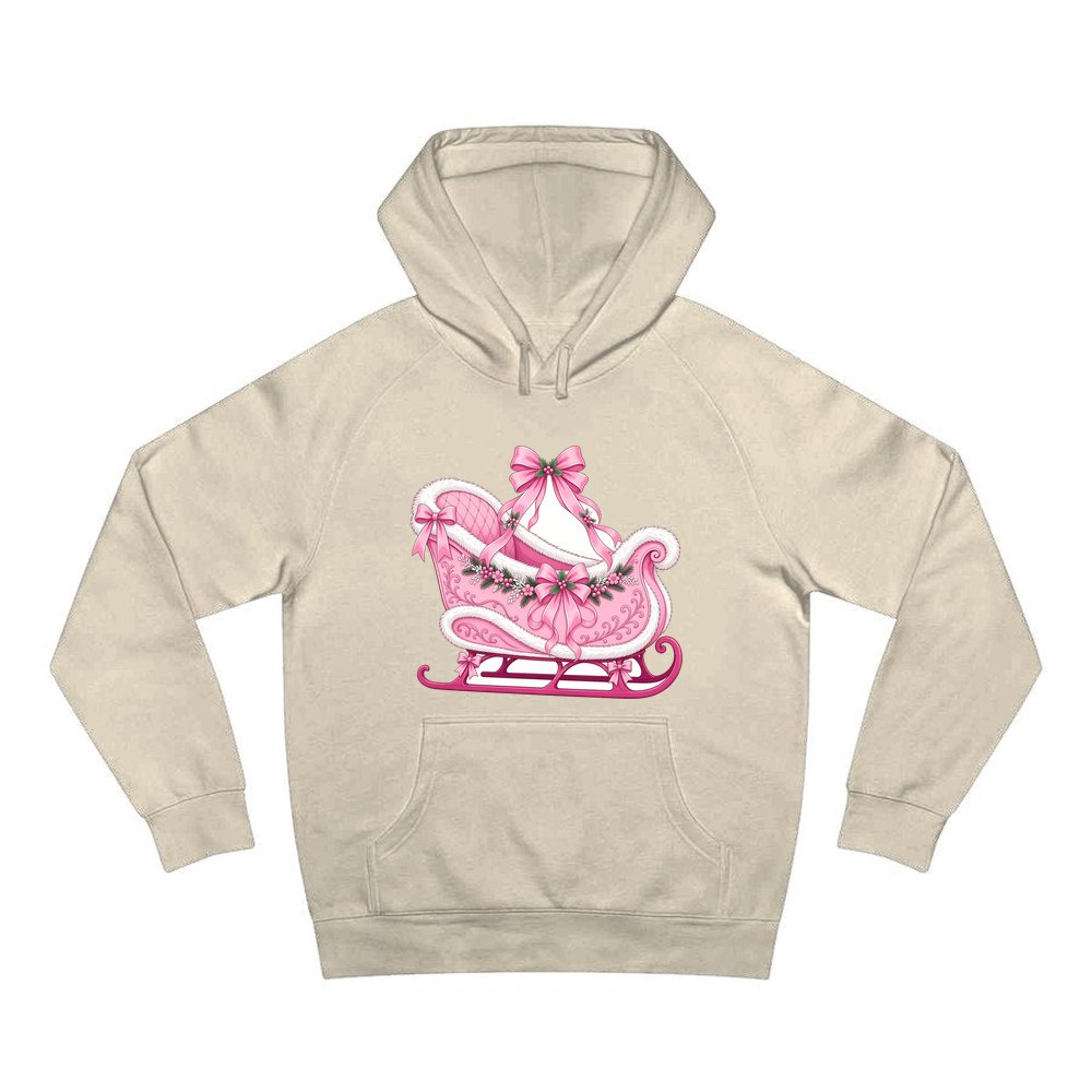Pink Sleigh With White Fur personalised Christmas hoodie in sand