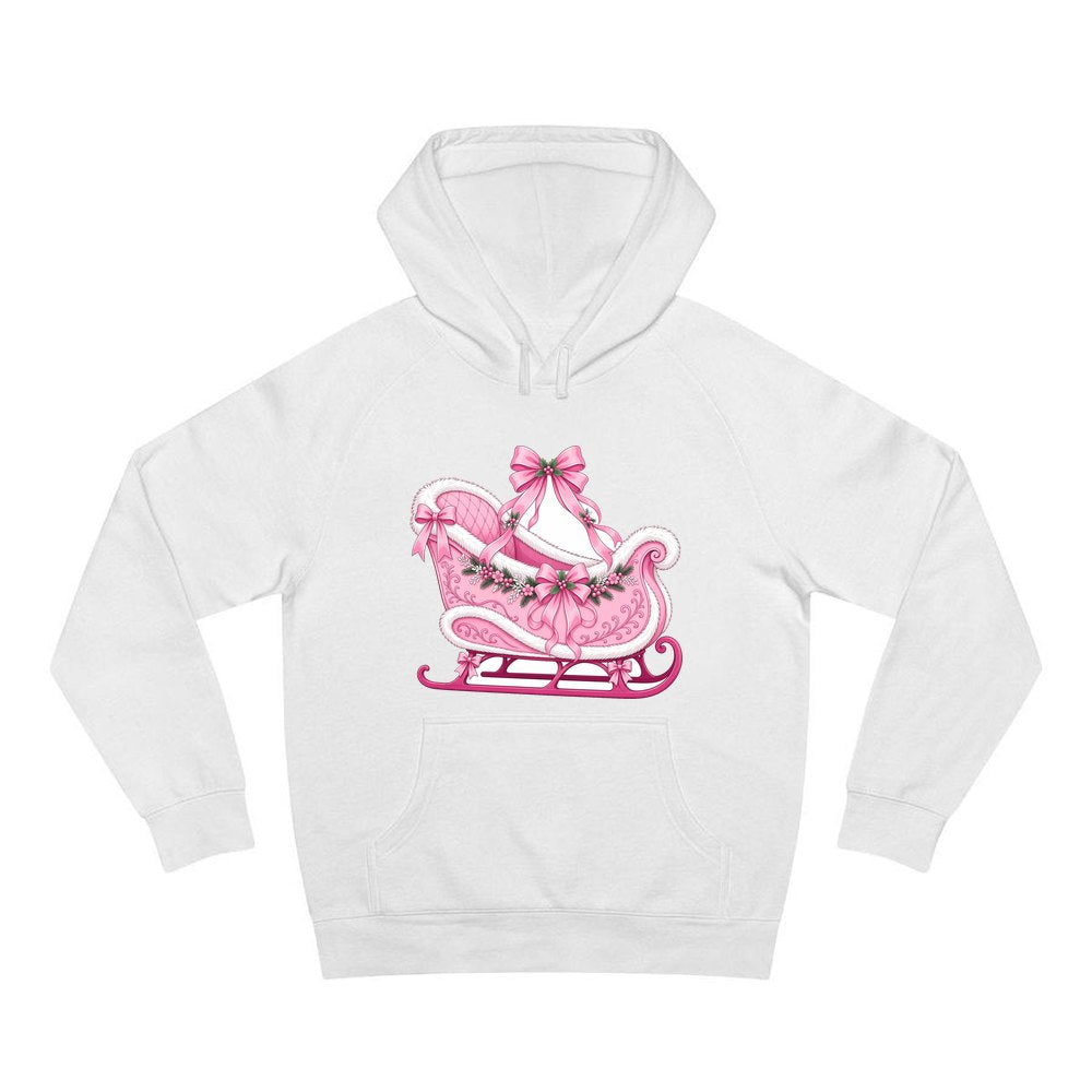 Pink Sleigh With White Fur personalised Christmas hoodie in white