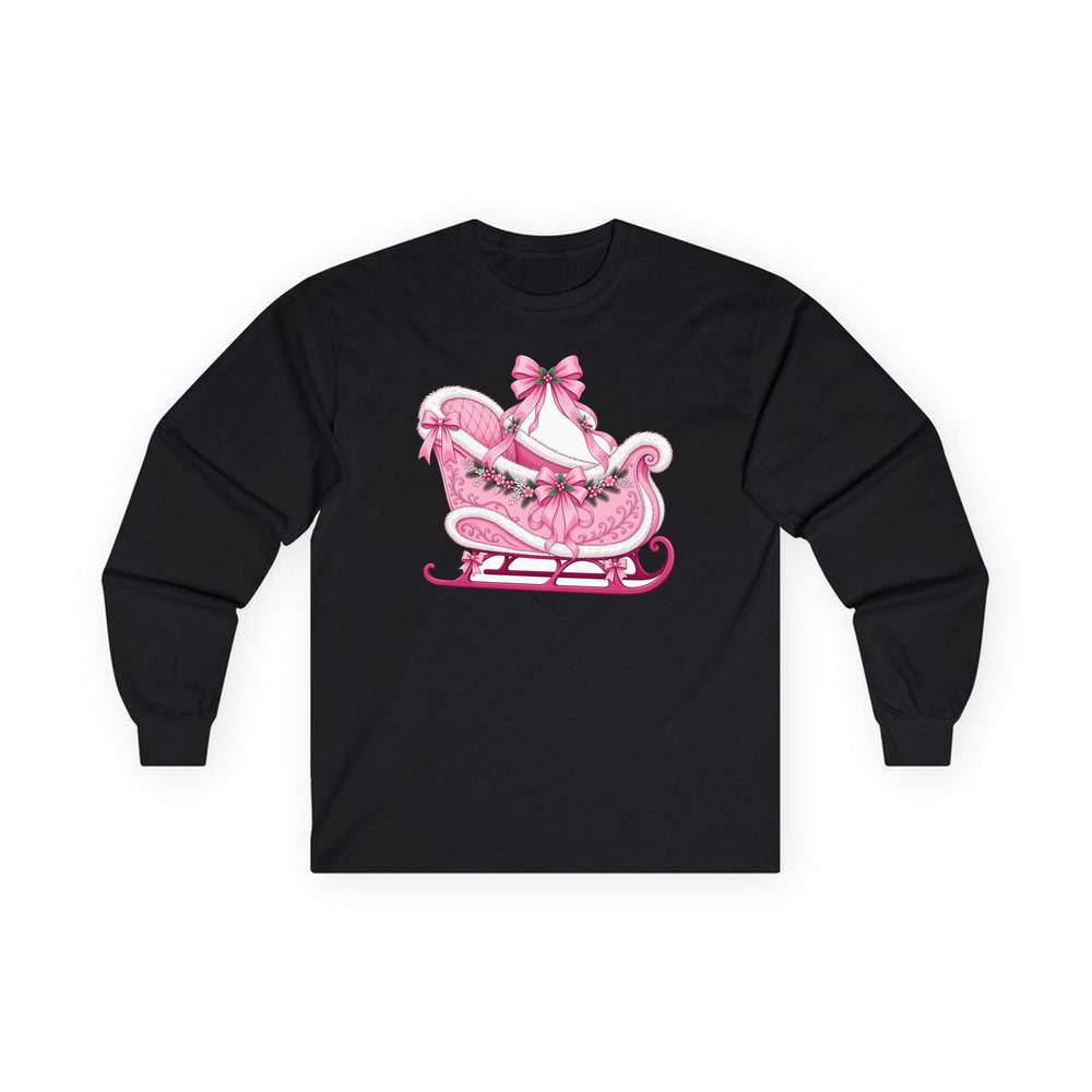 Pink Sleigh With White Fur personalised long sleeve Christmas T-shirt in black