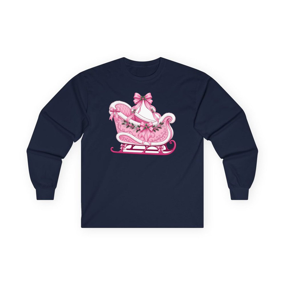 Pink Sleigh With White Fur personalised long sleeve Christmas T-shirt in navy