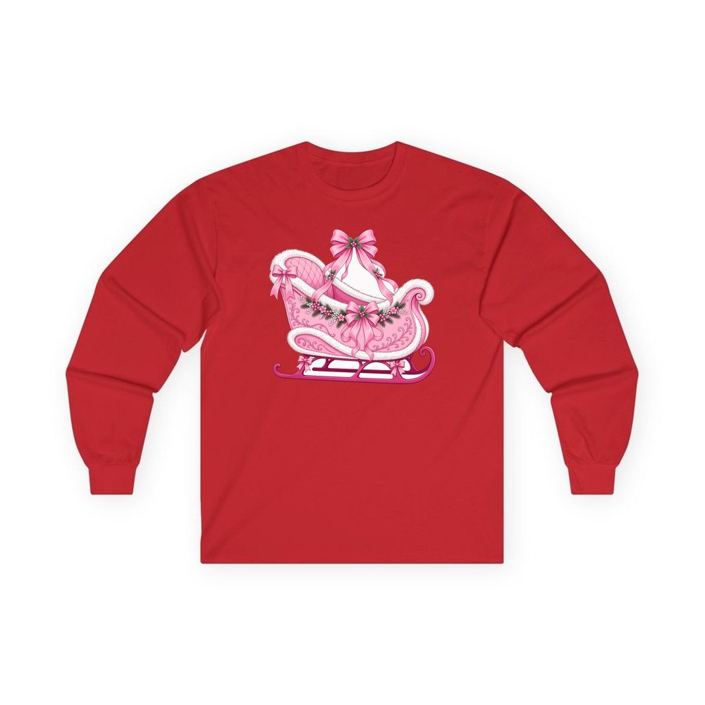 Pink Sleigh With White Fur personalised long sleeve Christmas T-shirt in red