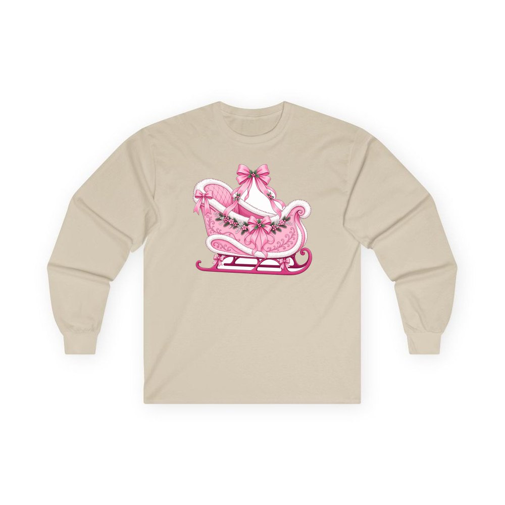 Pink Sleigh With White Fur personalised long sleeve Christmas T-shirt in sand