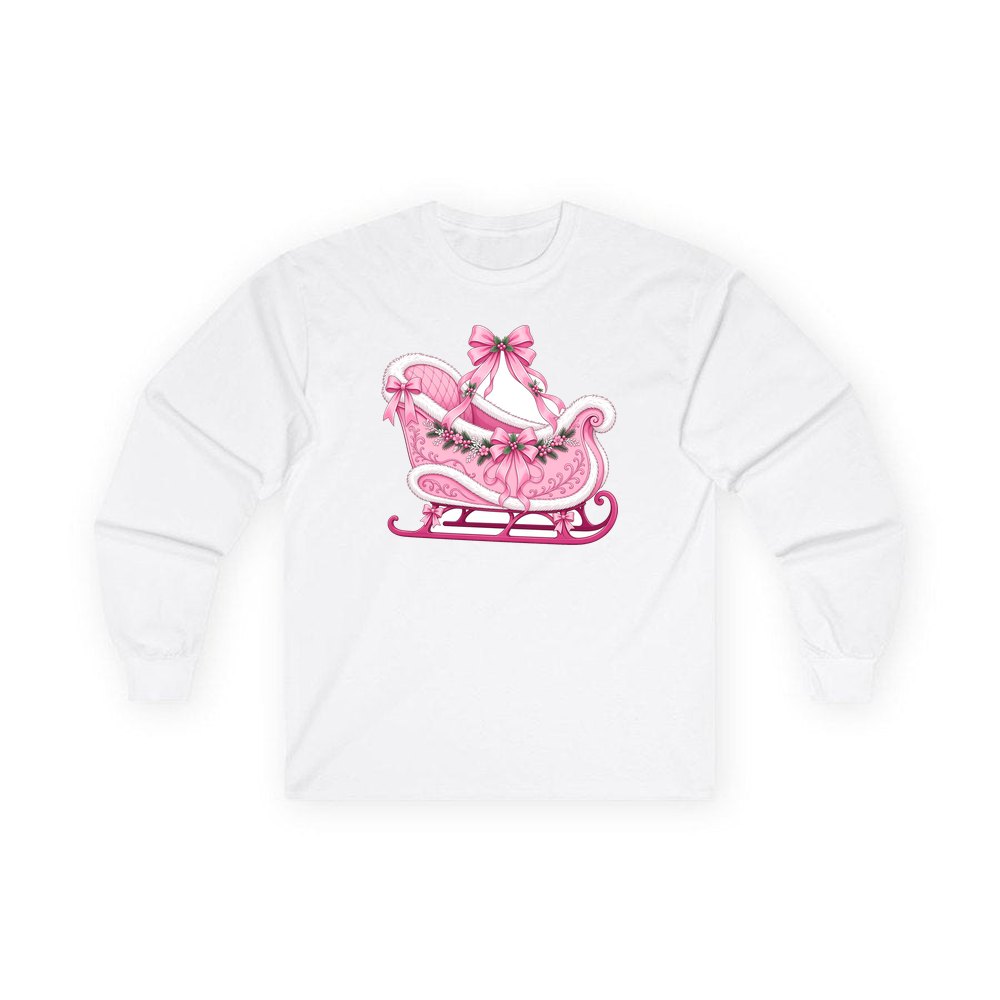 Pink Sleigh With White Fur personalised long sleeve Christmas T-shirt in white