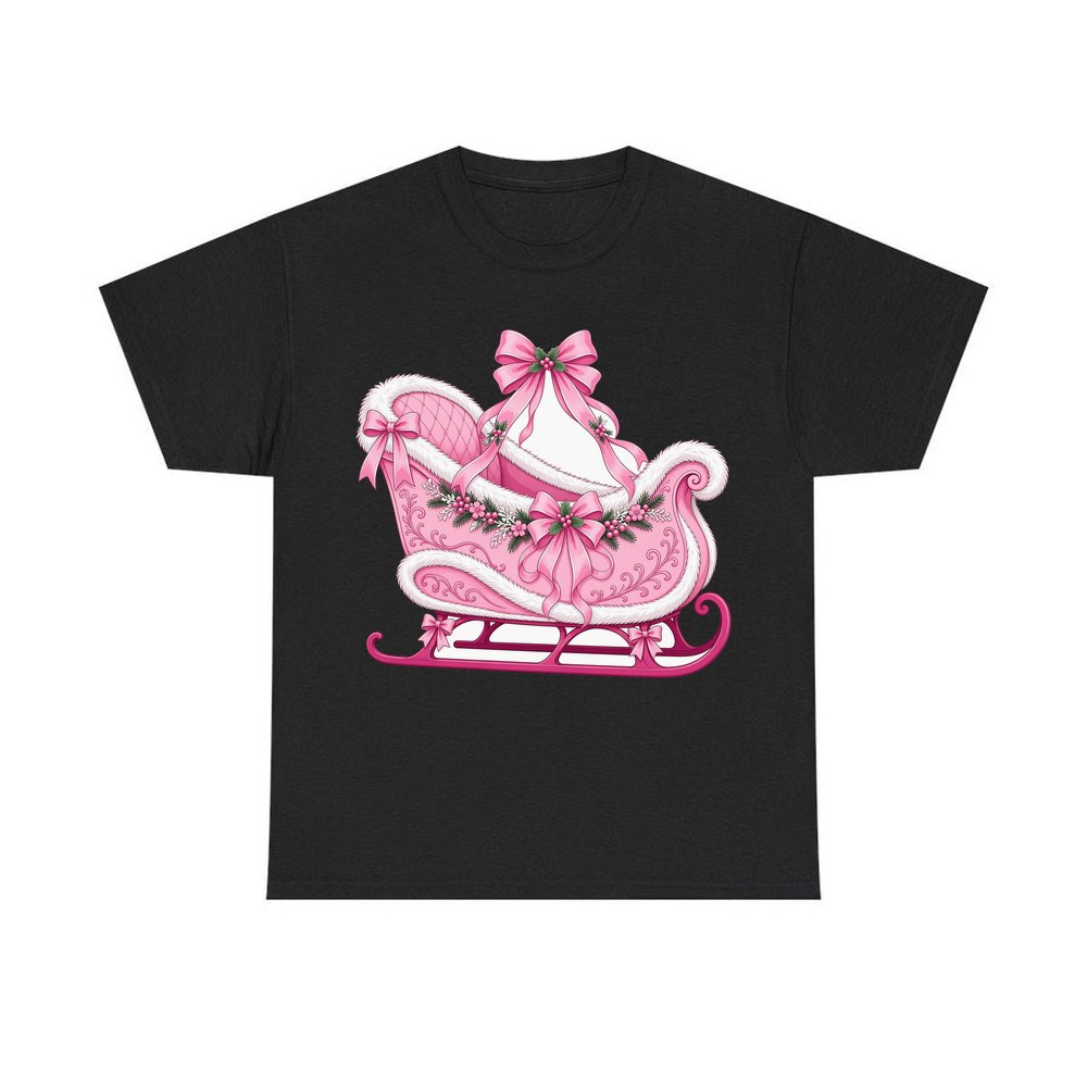 Pink Sleigh With White Fur personalised Christmas T-shirt in black