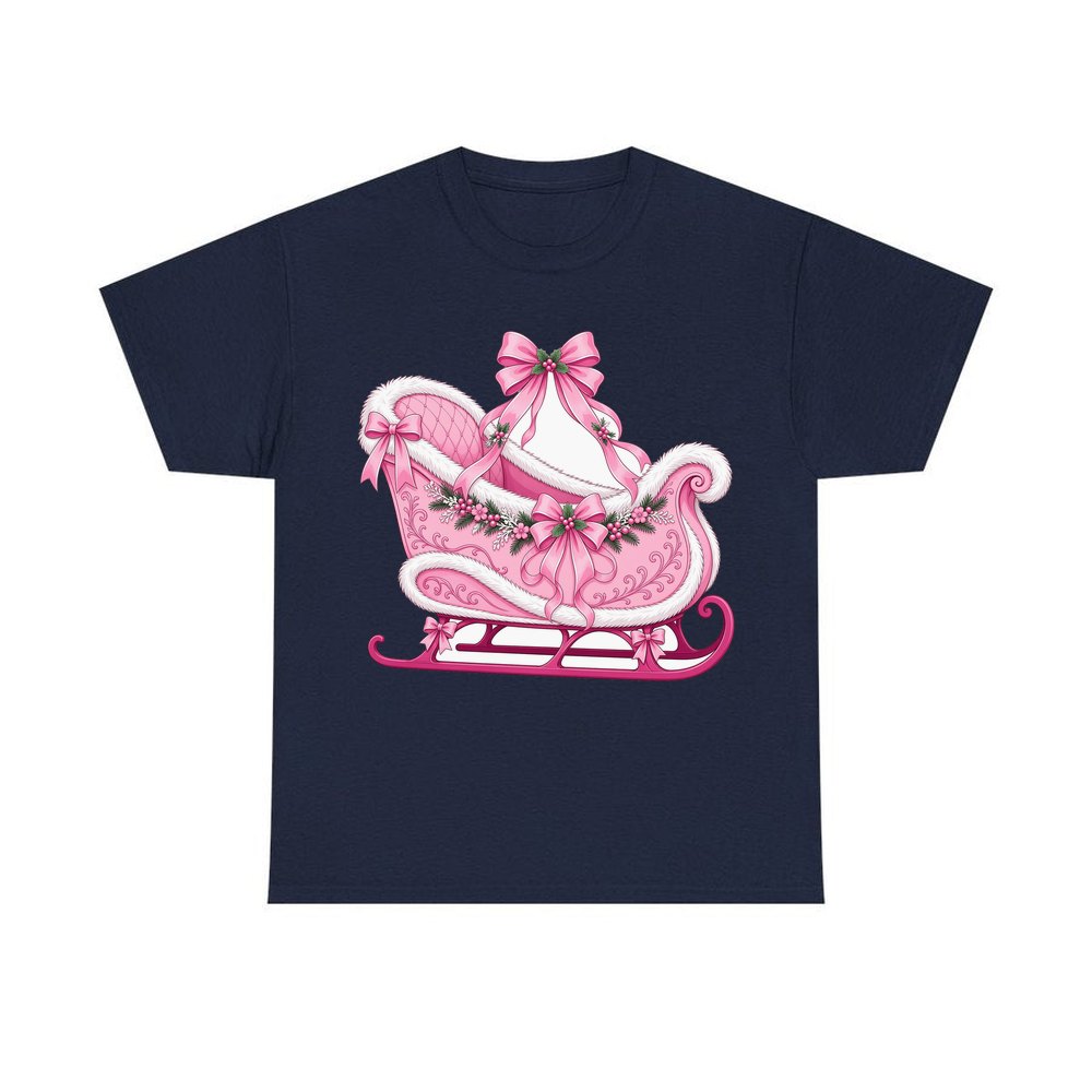 Pink Sleigh With White Fur personalised Christmas T-shirt in navy