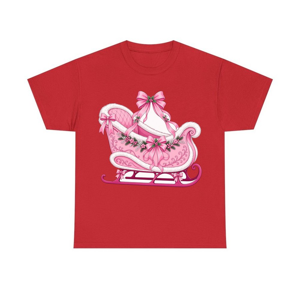 Pink Sleigh With White Fur personalised Christmas T-shirt in red