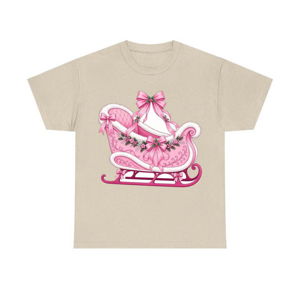 Pink Sleigh With White Fur personalised Christmas T-shirt in sand