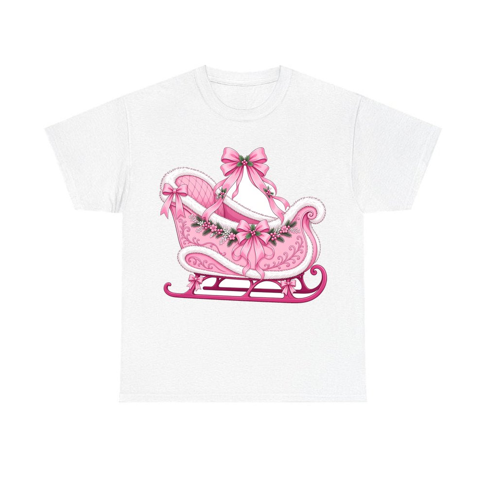 Pink Sleigh With White Fur personalised Christmas T-shirt in white
