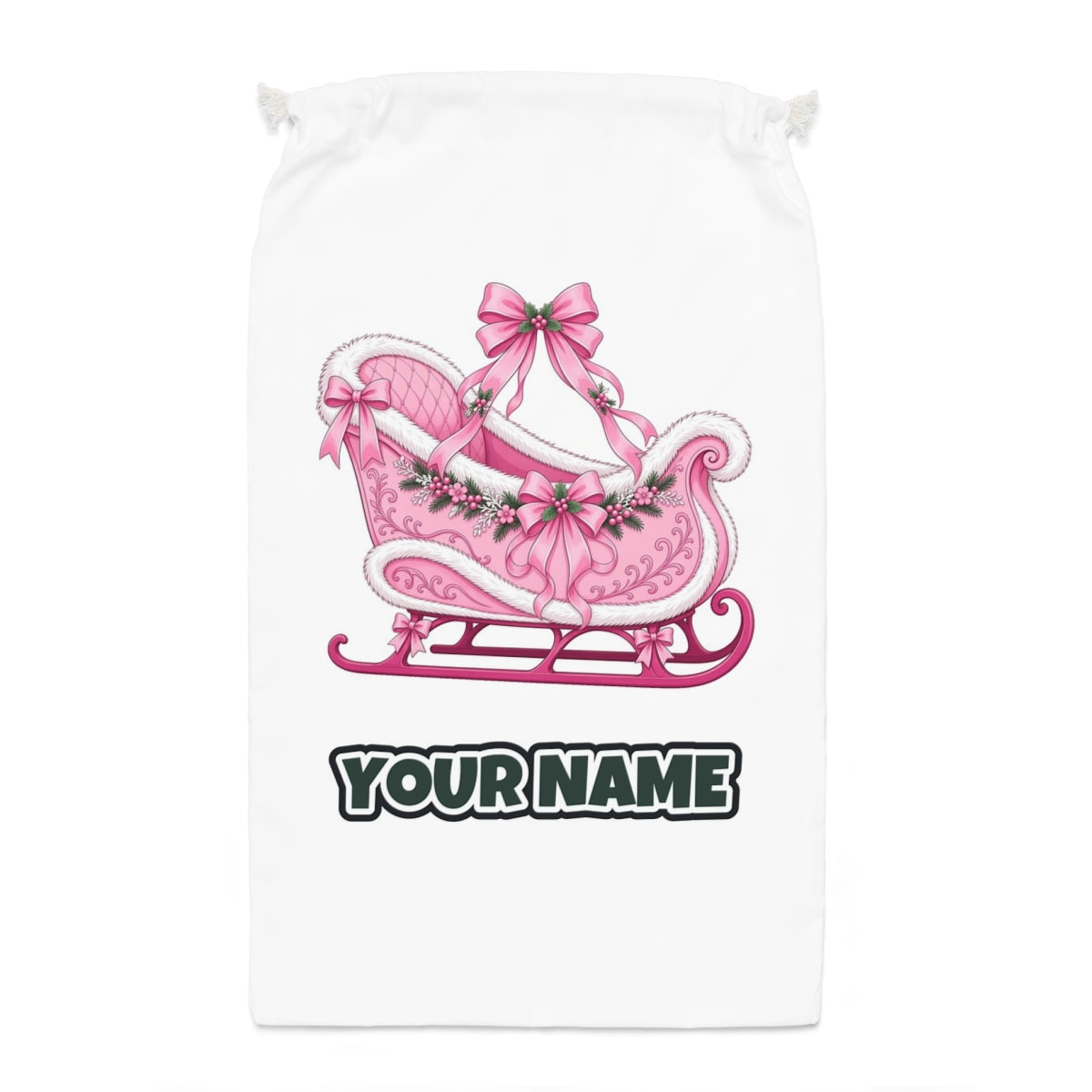 Pink Sleigh With White Fur Santa sack laid flat, showing the full print