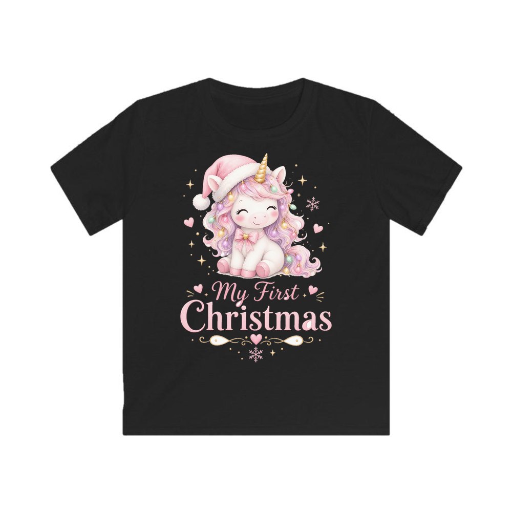Pink Unicorn First Christmas personalised kids Christmas tee in black