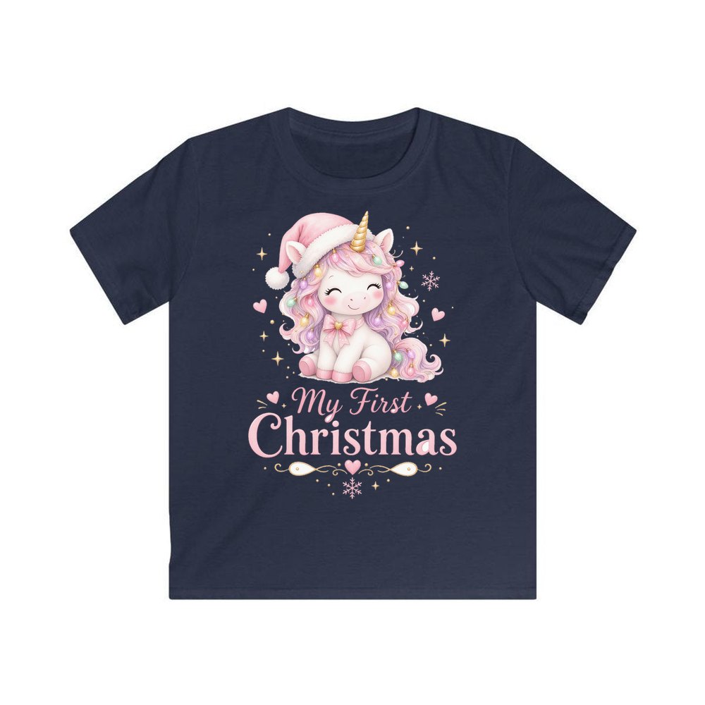 Pink Unicorn First Christmas personalised kids Christmas tee in navy